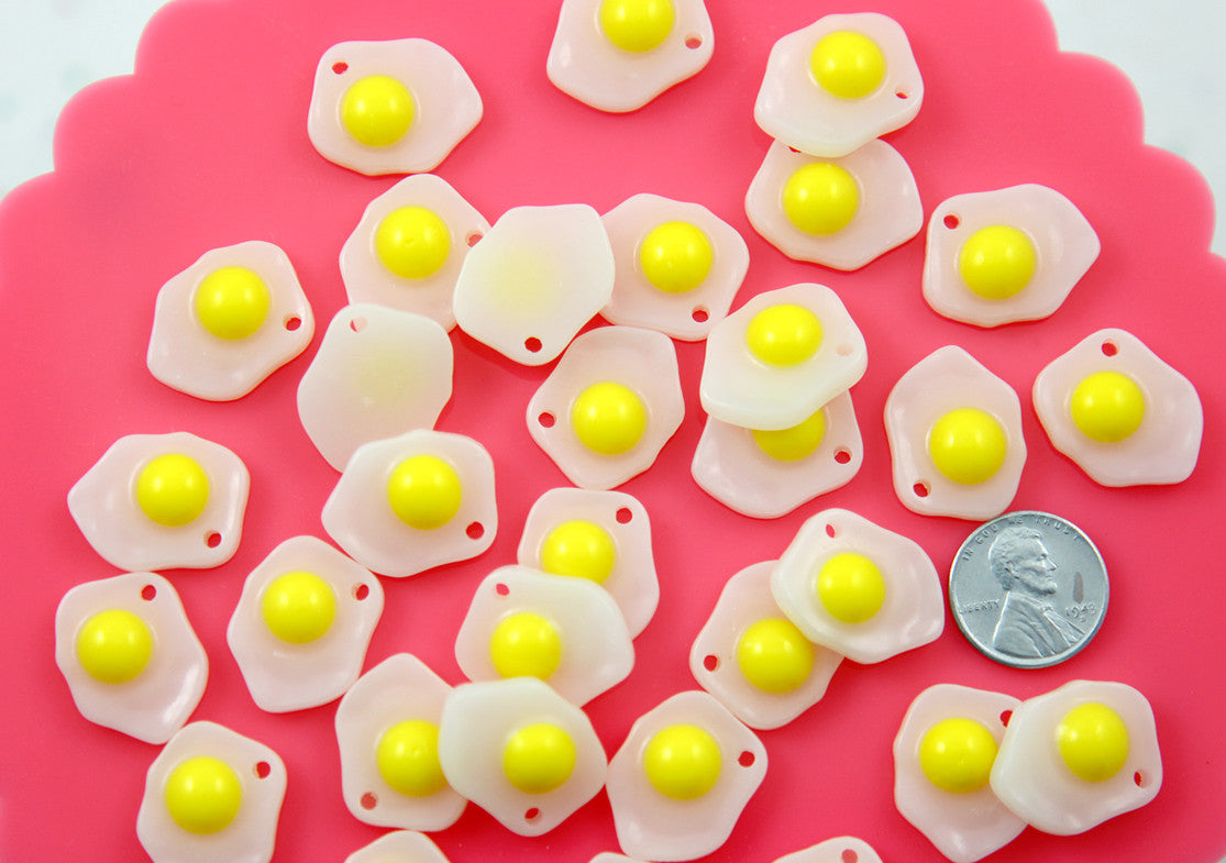 Egg Charm - 22mm Fried Egg Plastic Resin Cabochons Charms or Pendants - 6 pc set