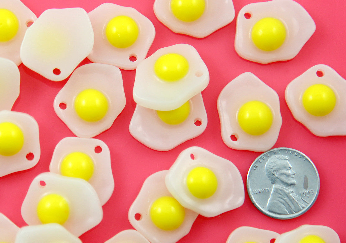 Egg Charm - 22mm Fried Egg Plastic Resin Cabochons Charms or Pendants - 6 pc set