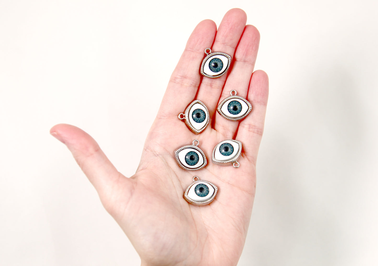 Eyeball Charms - 5 pc set - 22mm Small Eyeball Eye Silver Color Steel Blue Iris Charms or Pendants - easy to make into earrings