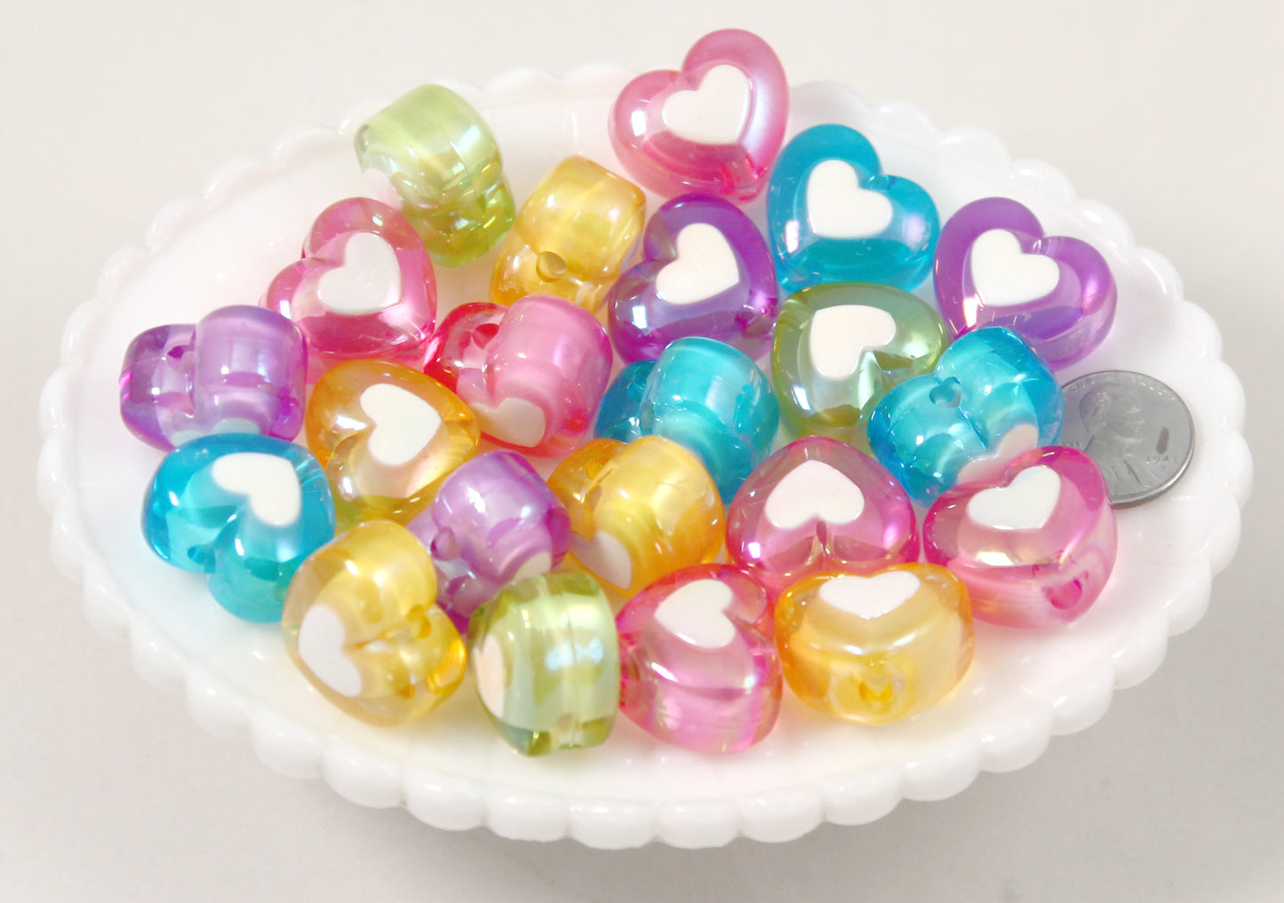 Heart Beads - 22mm Amazing AB Translucent Double Heart Acrylic or Resin Beads - 12 pcs set