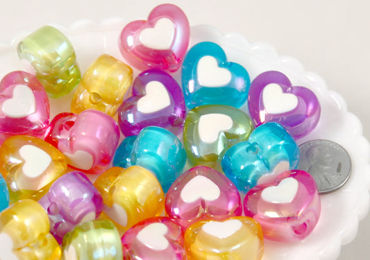 Heart Beads - 22mm Amazing AB Translucent Double Heart Acrylic or Resin Beads - 12 pcs set