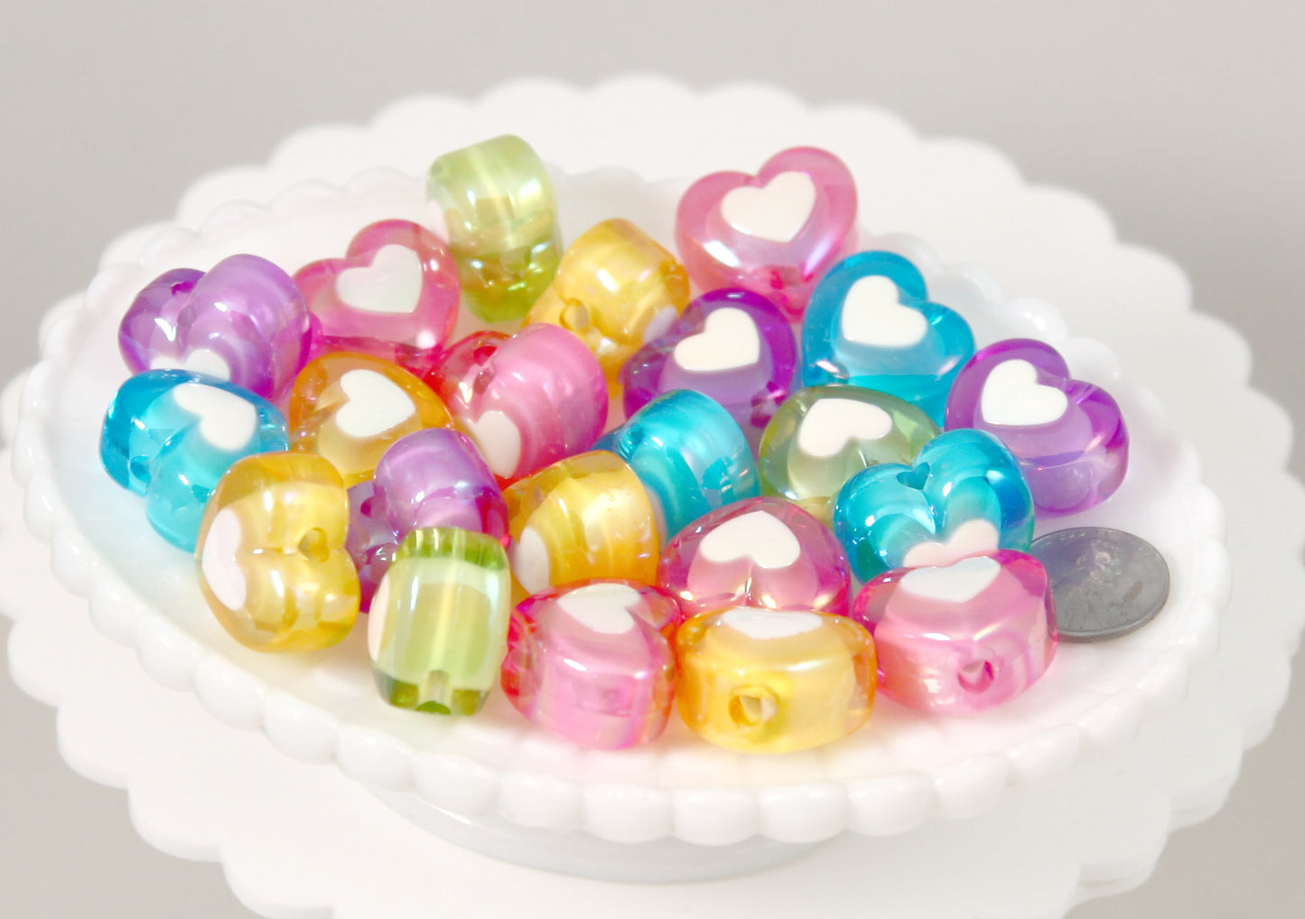 Heart Beads - 22mm Amazing AB Translucent Double Heart Acrylic or Resin Beads - 12 pcs set