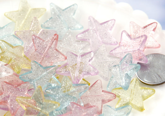 Glitter Star Beads - 22mm Pretty Pastel Glitter Plastic Star Beads - 30 pc set