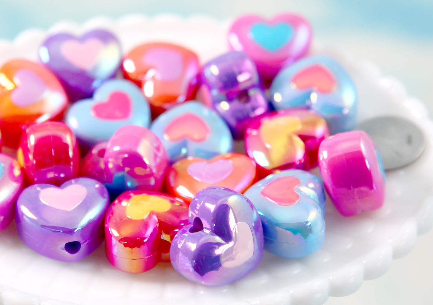 Heart Beads - 22mm Amazing AB Bright Color Opaque Double Heart Acrylic or Resin Beads - 10 pcs set
