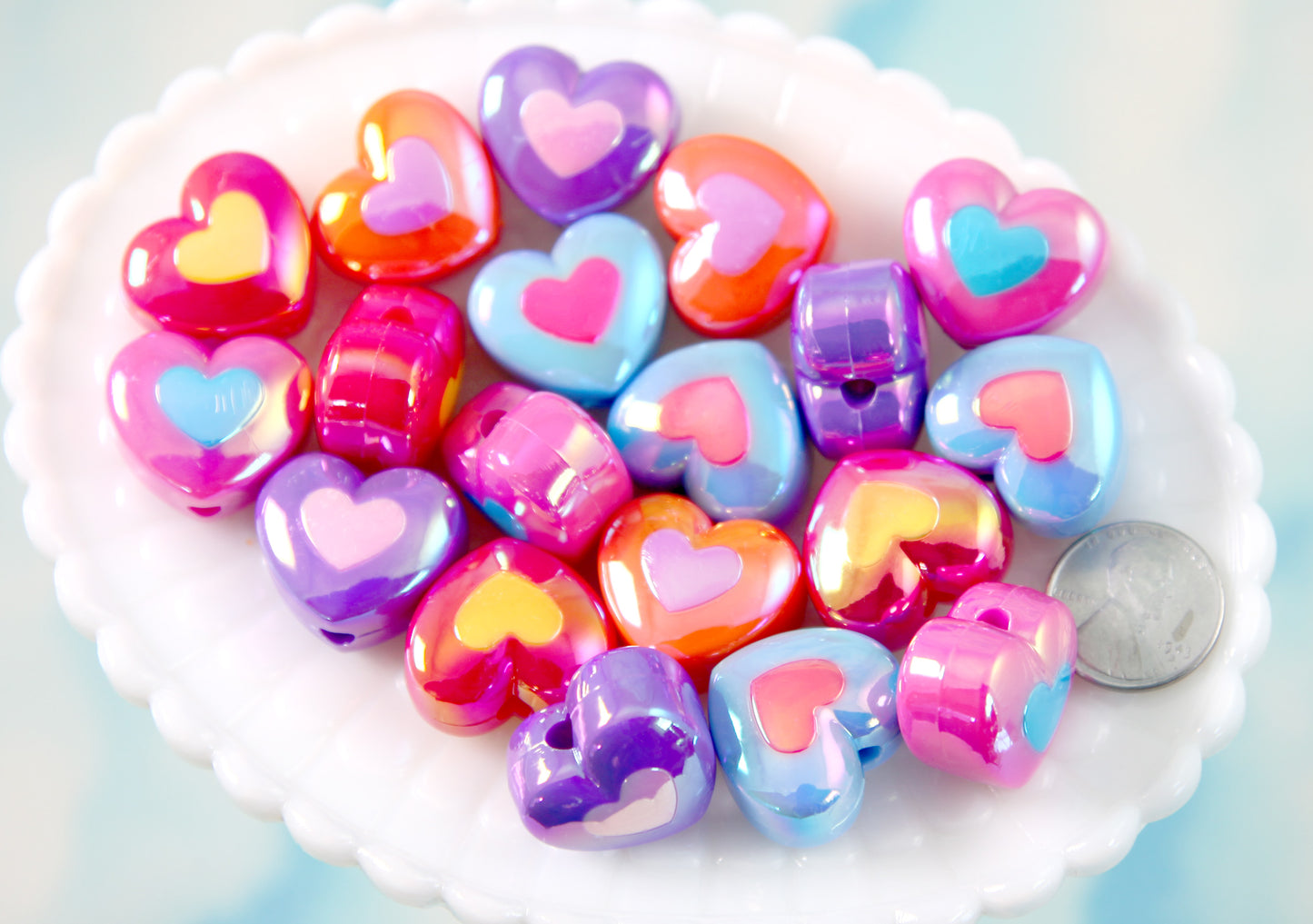 Heart Beads - 22mm Amazing AB Bright Color Opaque Double Heart Acrylic or Resin Beads - 10 pcs set