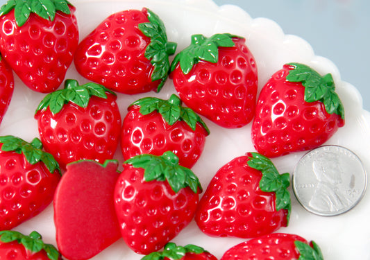 Strawberry Cabochons - 28mm Realistic Strawberry Flat backs Acrylic or Resin Flatback Cabochons - 6 pc set