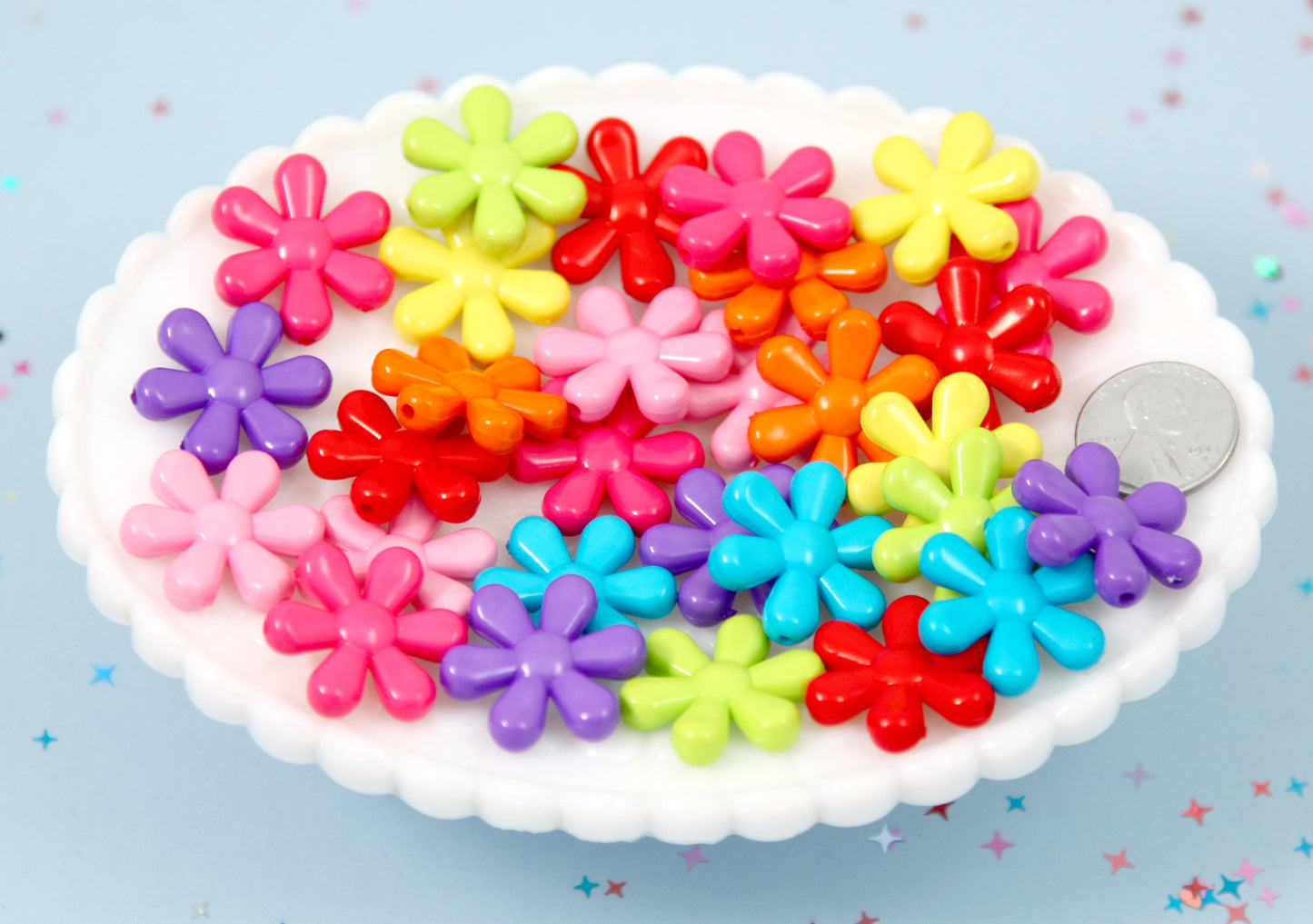 Flower Beads - 23mm Big Colorful Opaque Retro Flower Bead Plastic Acrylic or Resin Beads – 40 pc set