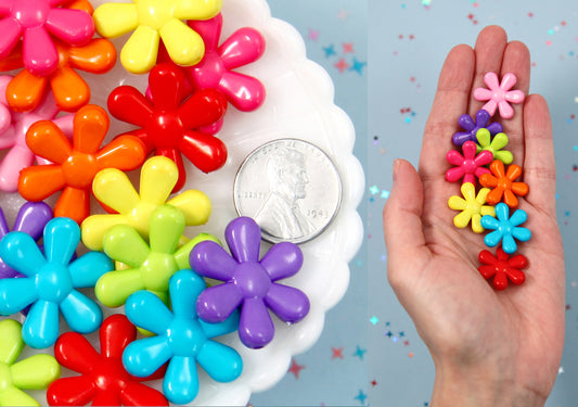 Flower Beads - 23mm Big Colorful Opaque Retro Flower Bead Plastic Acrylic or Resin Beads – 40 pc set