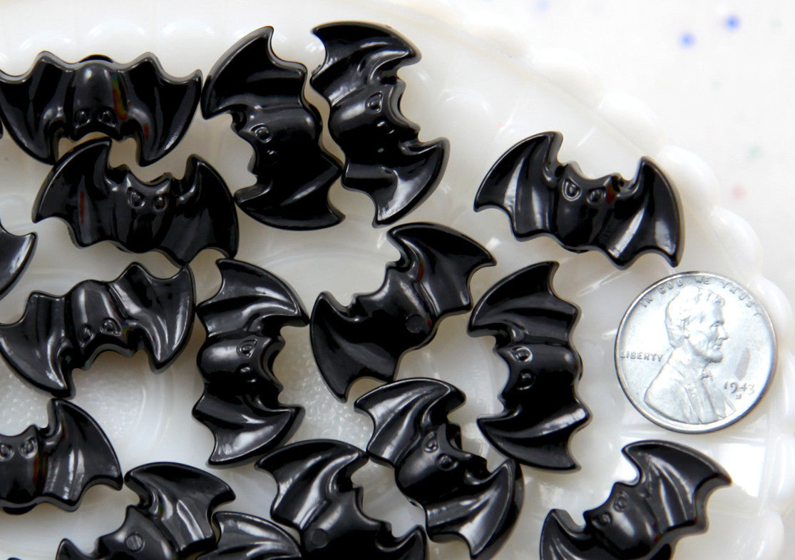 Bat Beads - 25mm Spooky Black Bats Plastic Acrylic or Resin Beads - 24 pc set