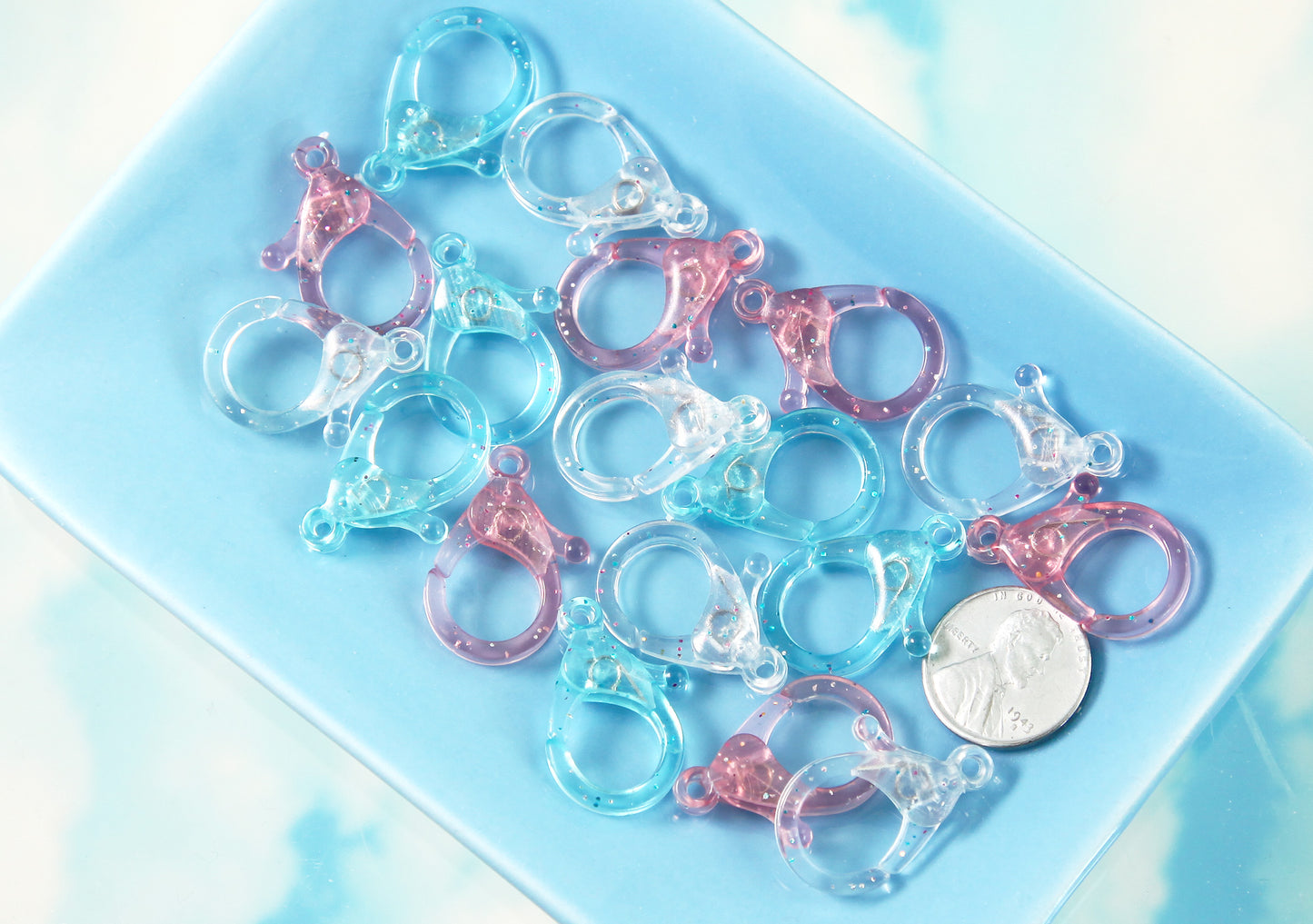 Big Plastic Lobster Clasp - 25mm Glitter Clear Pastel Plastic Clasp or Keychain Clip - 9 pc set