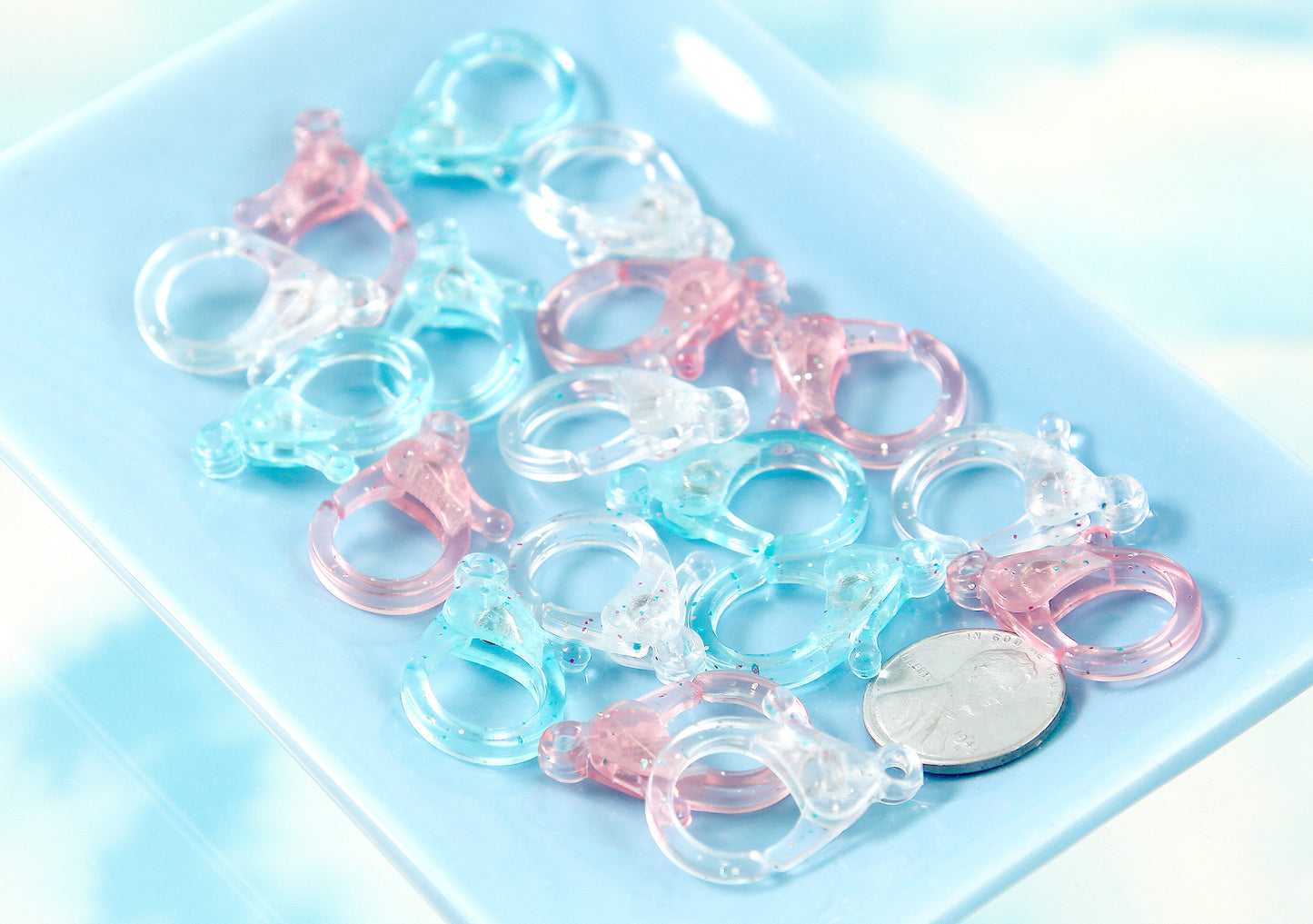 Big Plastic Lobster Clasp - 25mm Glitter Clear Pastel Plastic Clasp or Keychain Clip - 9 pc set