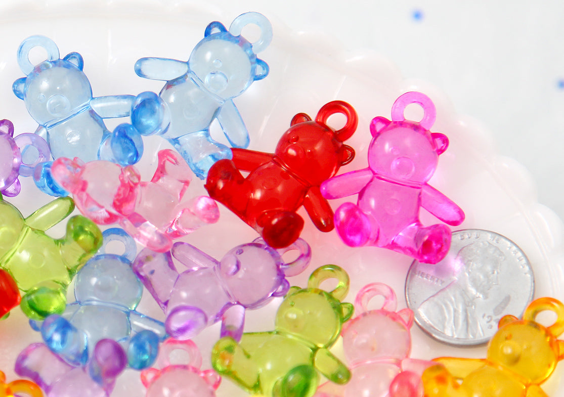 Teddy Bear Charms - 25mm Little 3D Bears Colorful Acrylic Charms or Pendants - 16 pc set