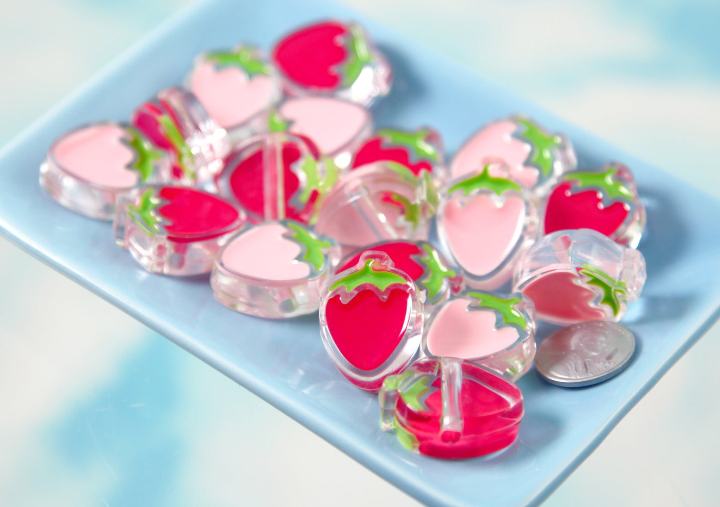 Strawberry Beads - 26mm Strawberry Transparent Acrylic or Resin Beads - 8 pc set