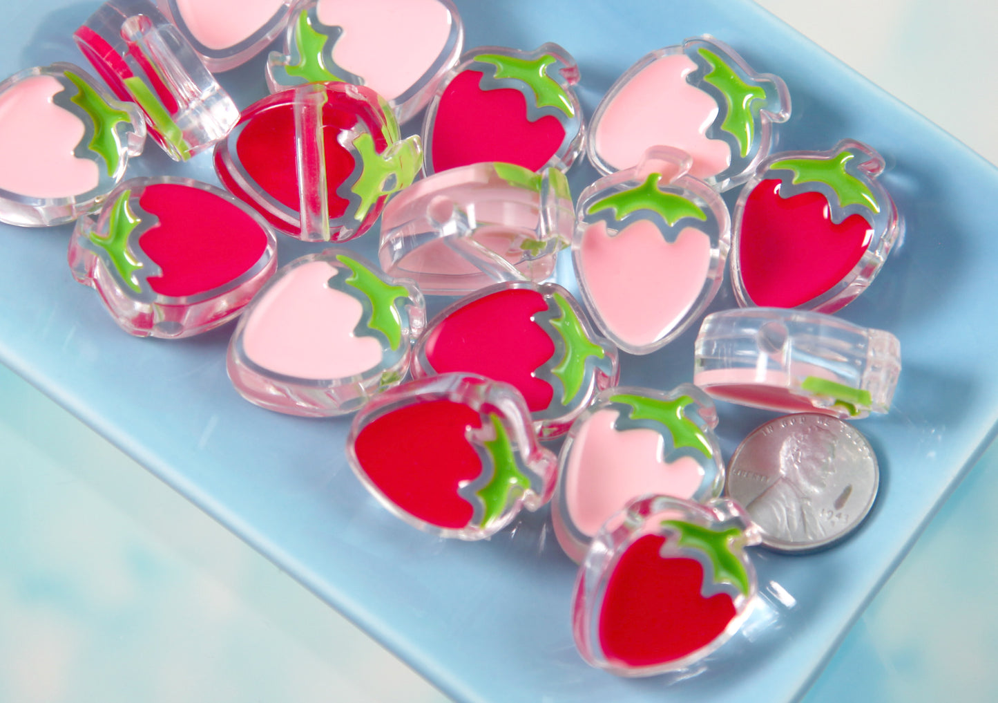 Strawberry Beads - 26mm Strawberry Transparent Acrylic or Resin Beads - 8 pc set