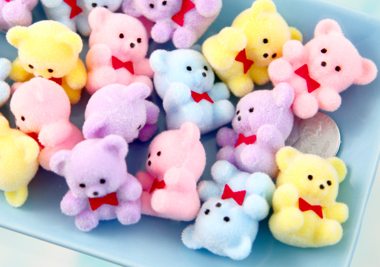 Mini Pastel Flocked Bears - 26mm Pastel Flocked Miniature Bear Colorful Little Miniature Fuzzy Soft Bears - 4 pc set