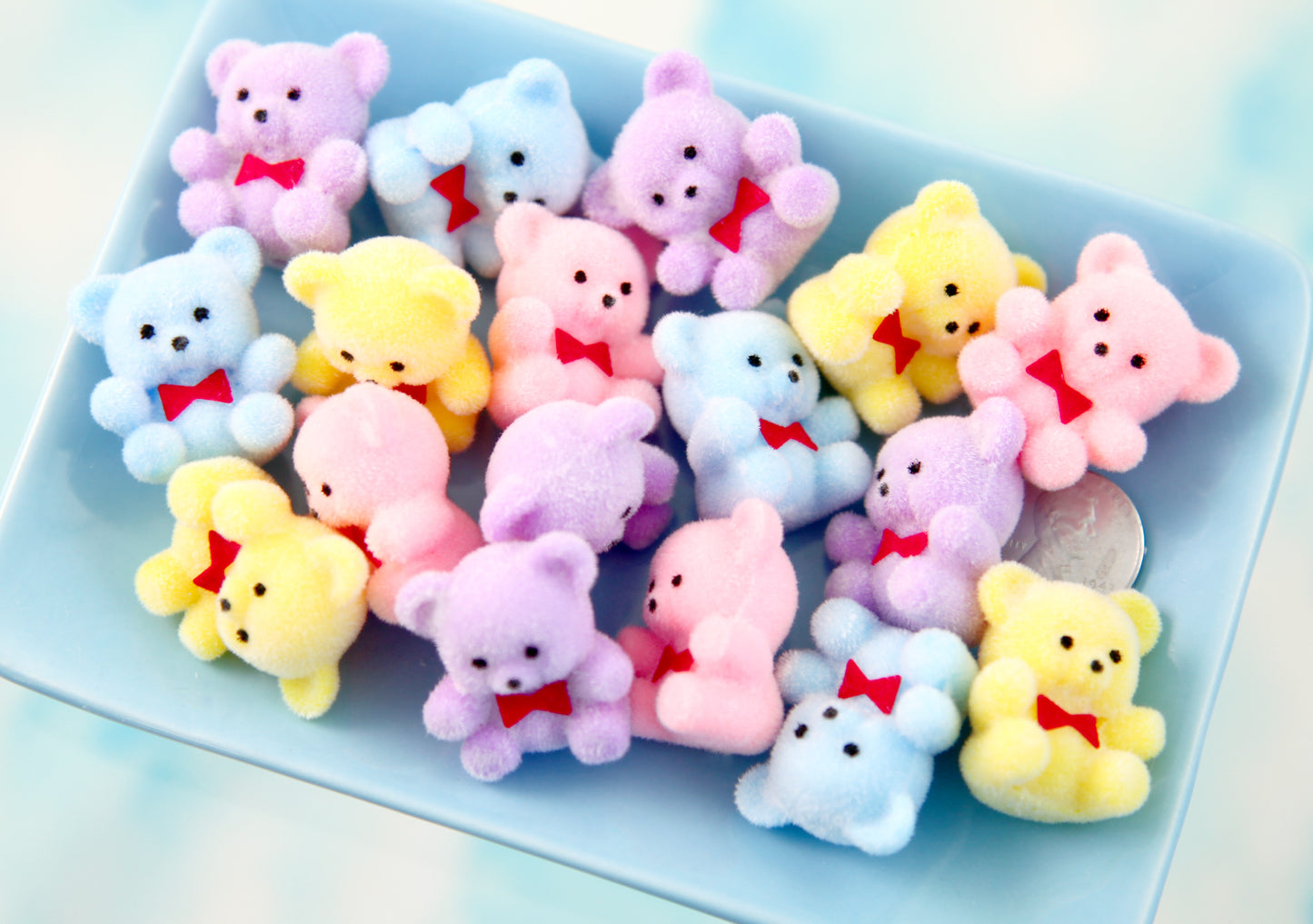Mini Pastel Flocked Bears - 26mm Pastel Flocked Miniature Bear Colorful Little Miniature Fuzzy Soft Bears - 4 pc set