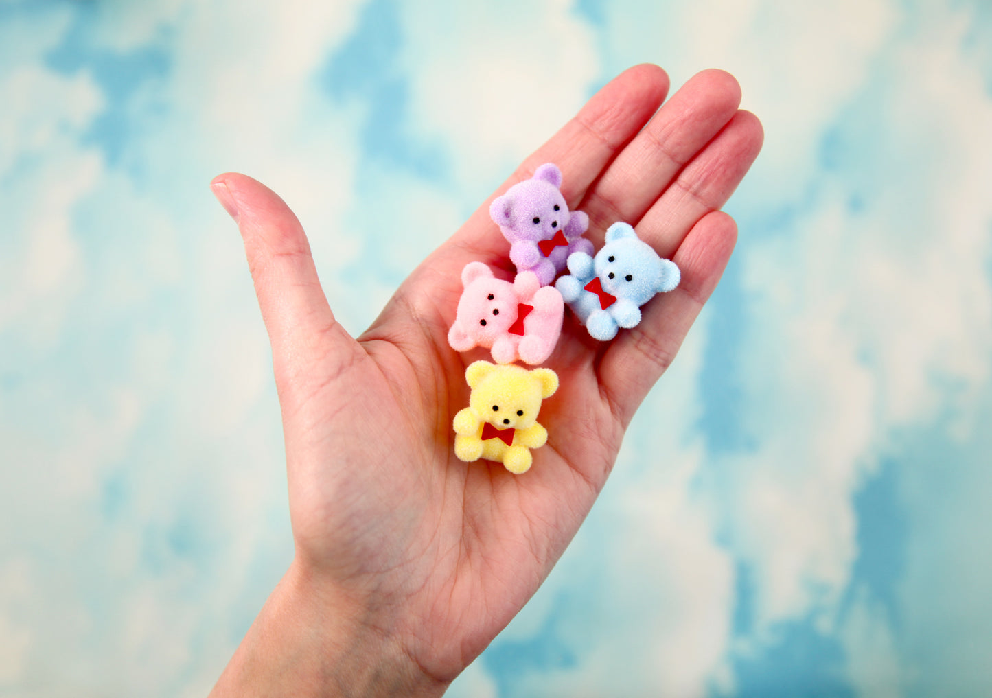 Mini Pastel Flocked Bears - 26mm Pastel Flocked Miniature Bear Colorful Little Miniature Fuzzy Soft Bears - 4 pc set