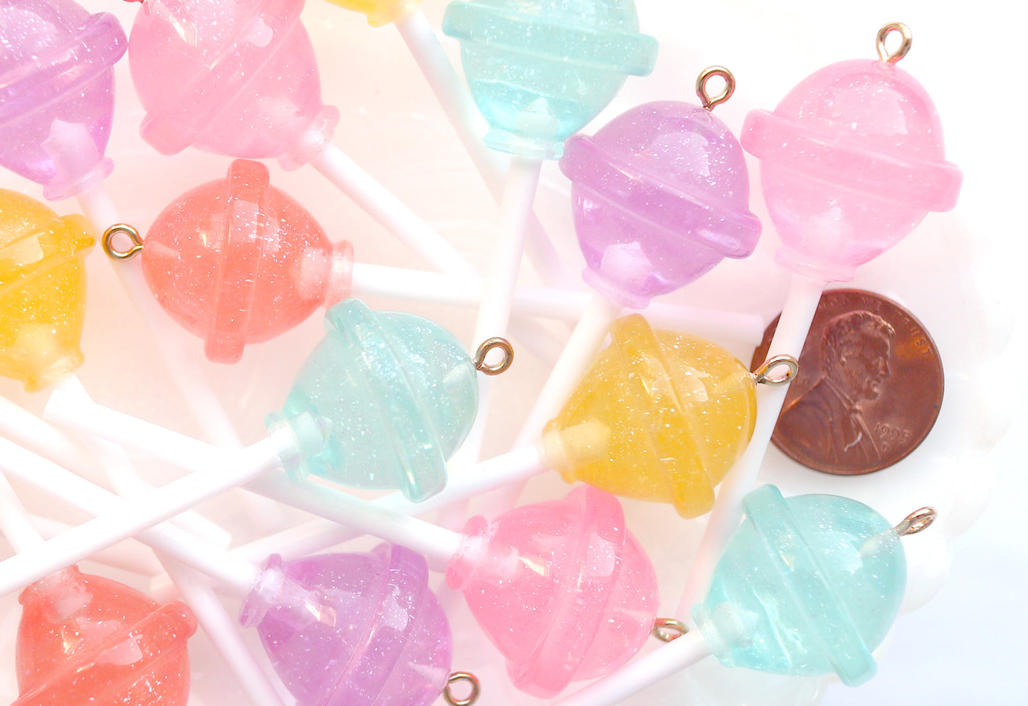 Lollipop Charms - 21mm Translucent Shimmer Pastel Little Lollipop Plastic Pendants or Resin Charms - 10 pc set