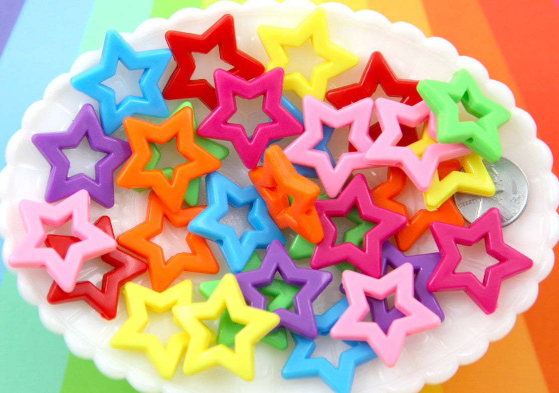 Colorful Star Beads - 27mm Big Outline Star Chunky Acrylic or Resin Beads - 25 pcs set