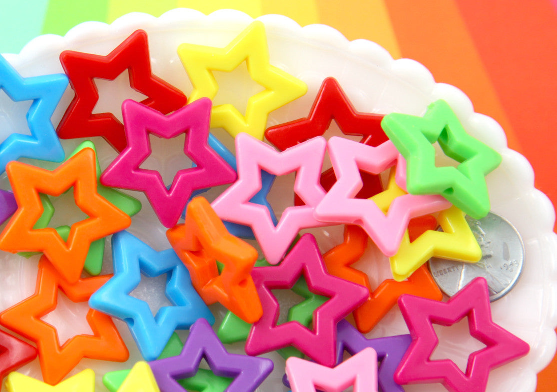 Colorful Star Beads - 27mm Big Outline Star Chunky Acrylic or Resin Beads - 25 pcs set