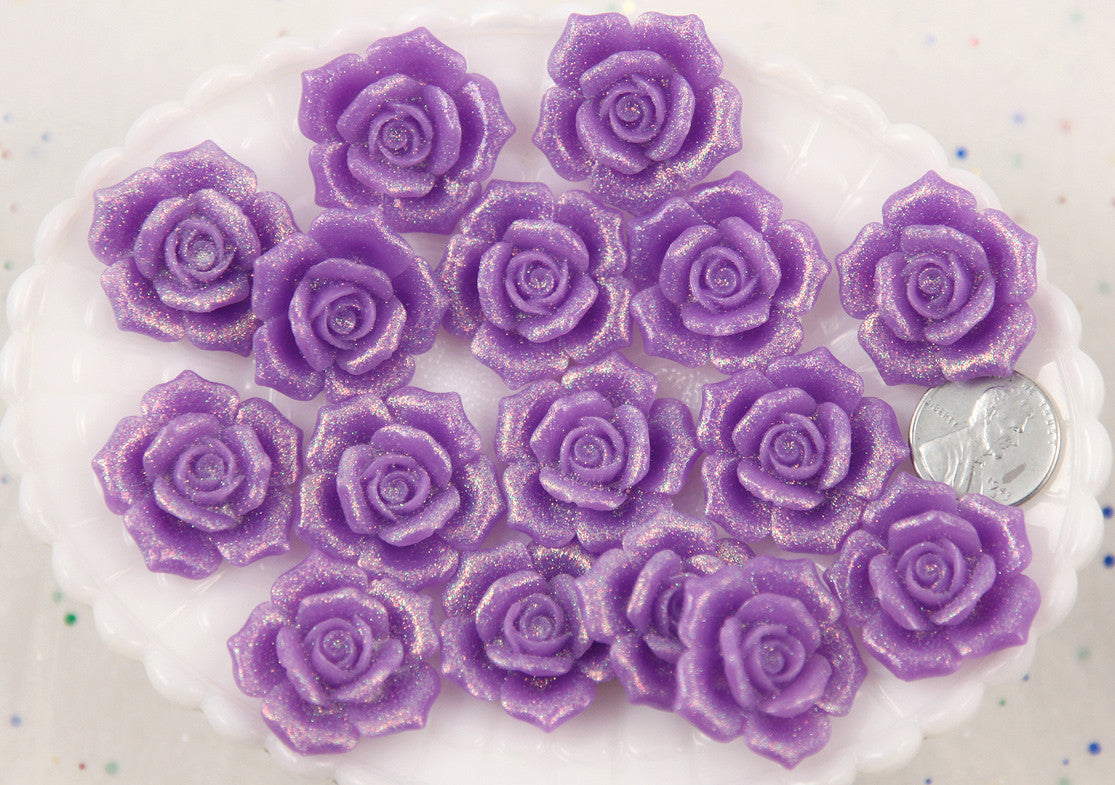28mm Beautiful Purple Glitter Rose Resin Cabochons, Large Size - 5 pc set