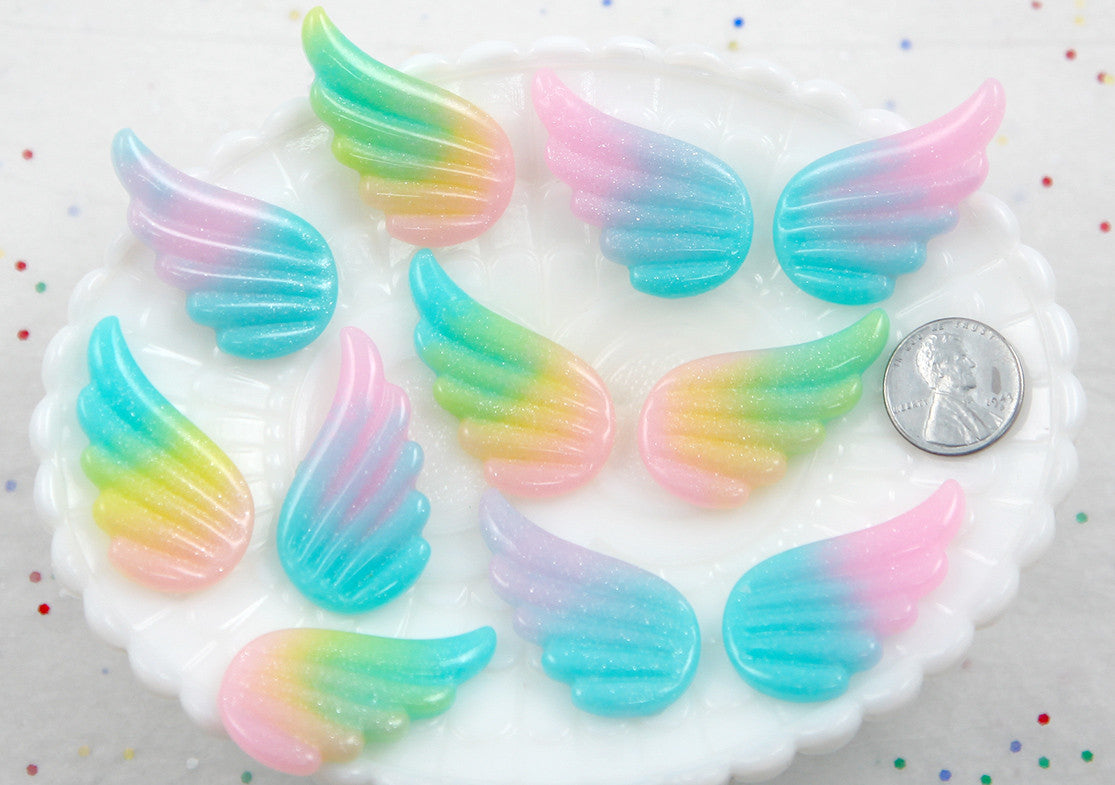 Pastel Wing Cabochons - 40mm Pastel Shimmer Rainbow Wing Resin Flat back Cabochons - 8 pc set