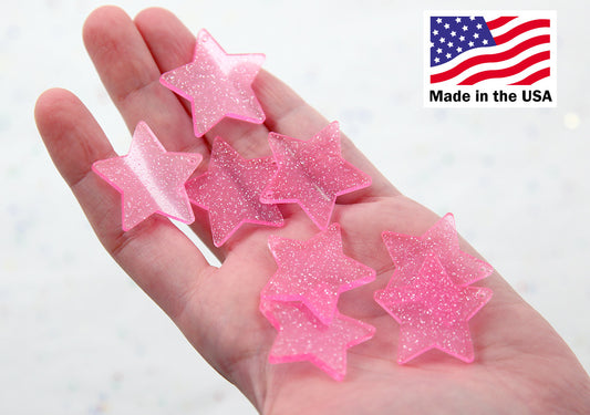 Star Charms - 30mm Pink Glitter Translucent Star Resin Charms - 6 pc set