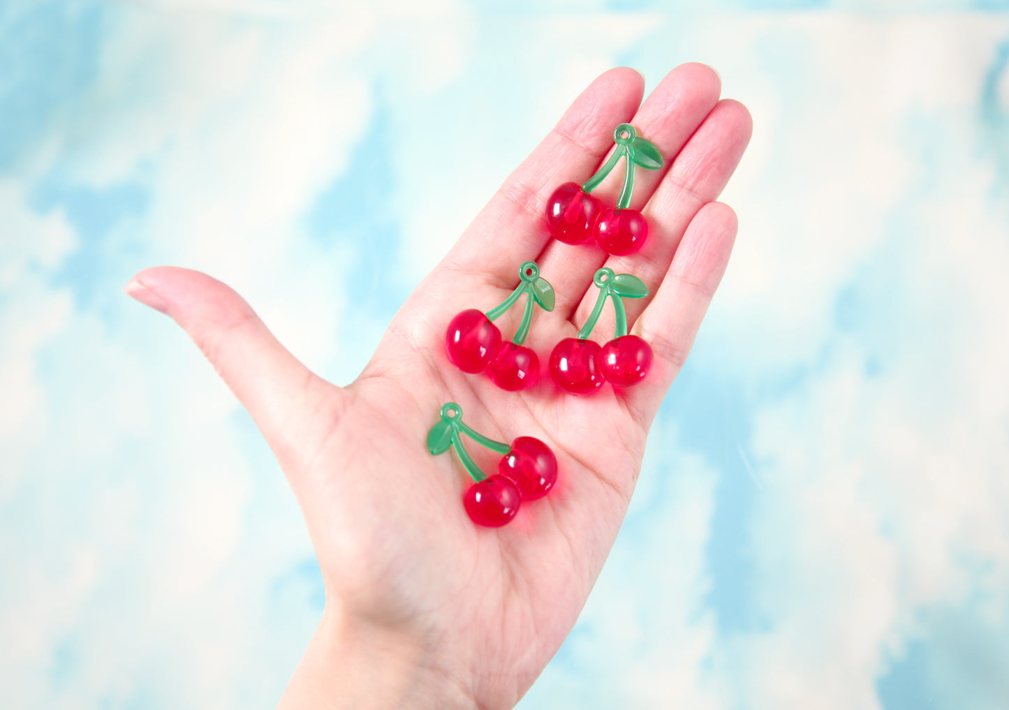 Cherry Charms - 32mm Cute Red Cherries Fake Fruit Charm Cherry Plastic Pendants – 6 pc set