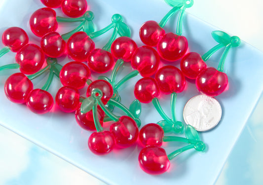 Cherry Charms - 32mm Cute Red Cherries Fake Fruit Charm Cherry Plastic Pendants – 6 pc set