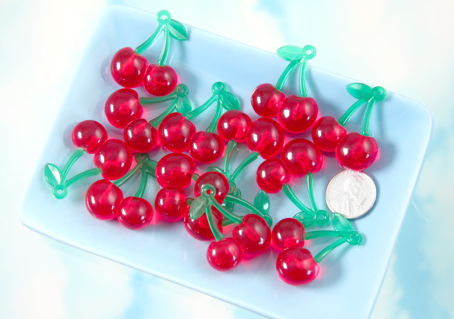 Cherry Charms - 32mm Cute Red Cherries Fake Fruit Charm Cherry Plastic Pendants – 6 pc set