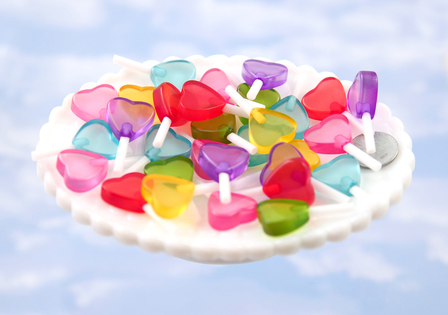 35mm Little Heart Shaped Fake Lollipop Faux Candy Acrylic or Resin Cabochons - A Rainbow of Colors - 6 pc set