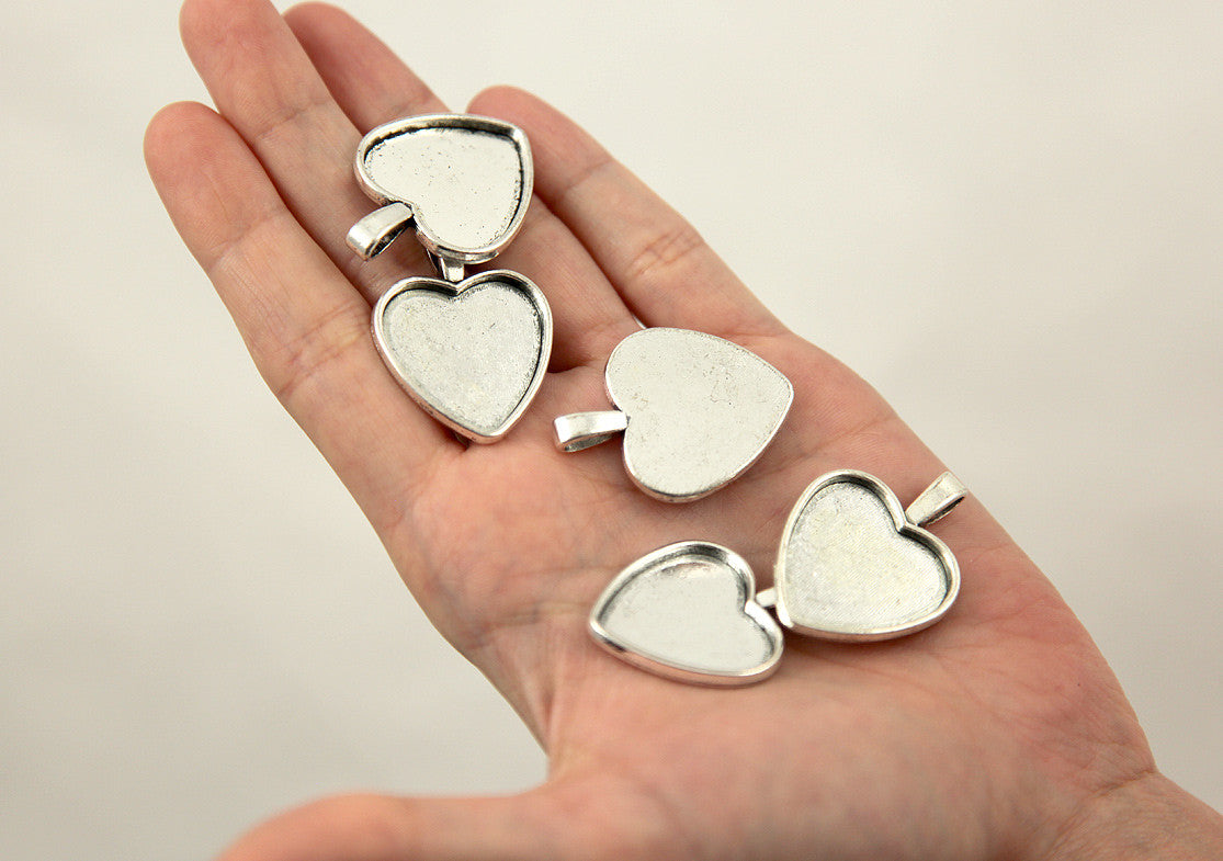 35mm Heart Shaped Silver Color Setting Charm - Zinc Alloy Blank Cabochon Bases or Settings - 6 pc set