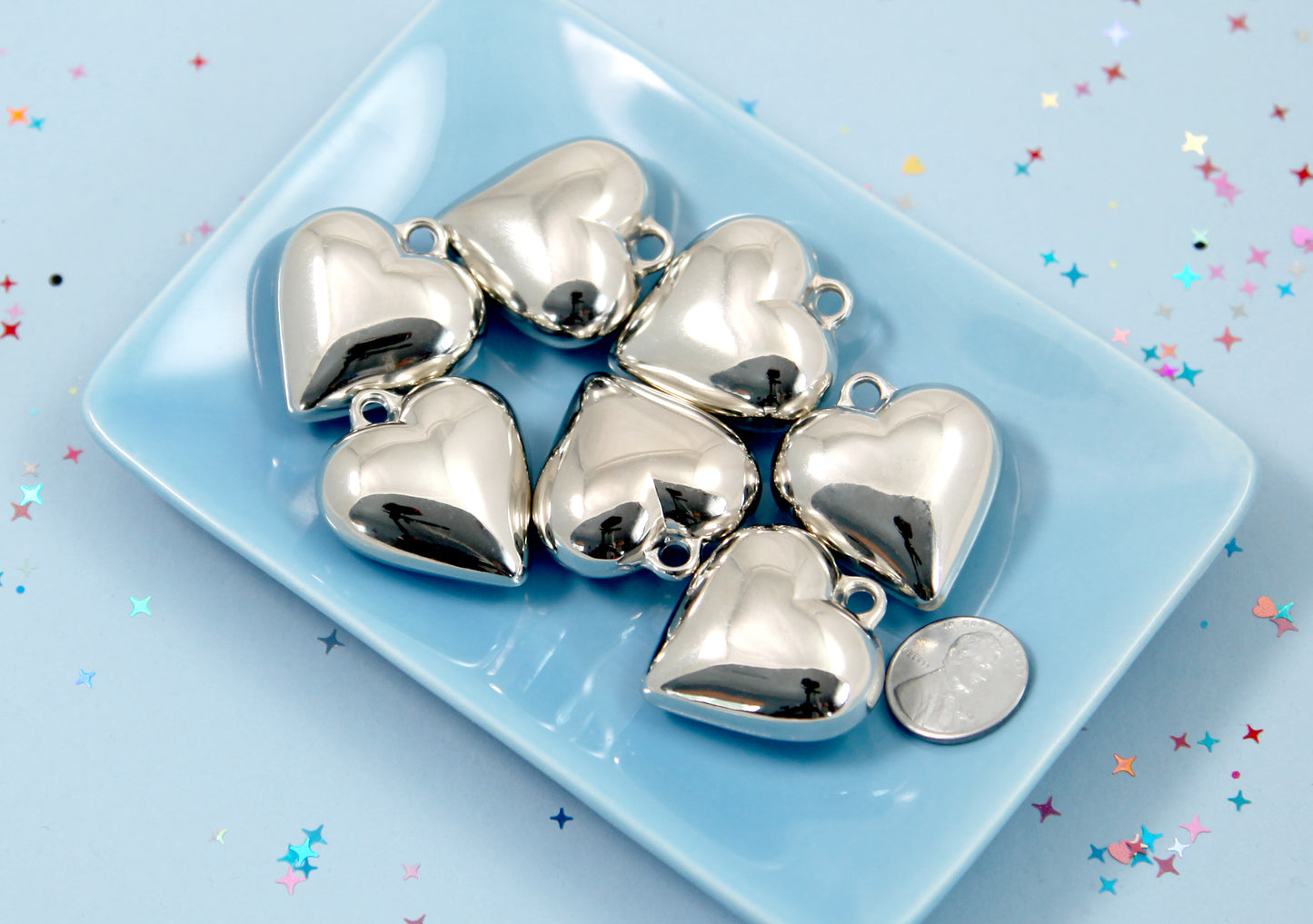 Big puffy heart pendant - Electroplated plastic 3D puffed heart - great for a choker necklace - 4 pc set