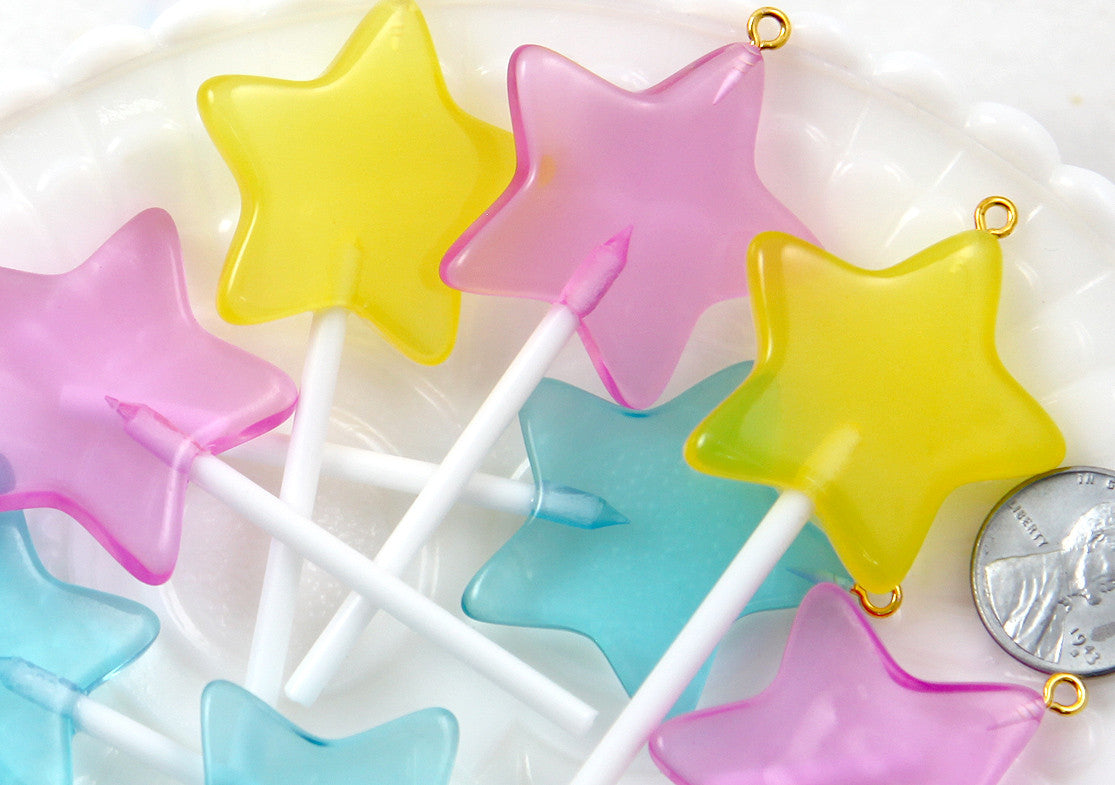 Lollipop Charm - 75mm Bright Star Shaped Fake Lollipop Kawaii Fairy Magic Wand Candy Resin Charms - Mixed Colors - 4 pc set