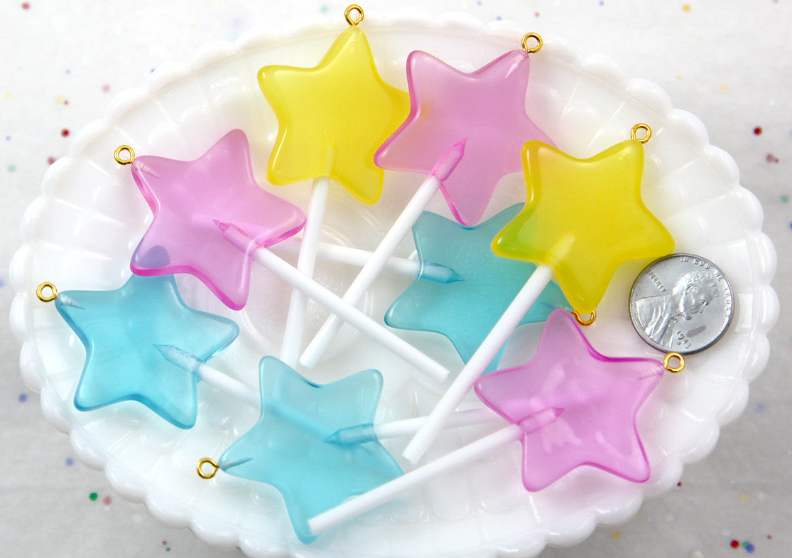 Lollipop Charm - 75mm Bright Star Shaped Fake Lollipop Kawaii Fairy Magic Wand Candy Resin Charms - Mixed Colors - 4 pc set