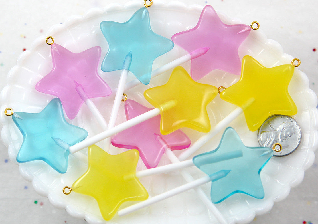 Lollipop Charm - 75mm Bright Star Shaped Fake Lollipop Kawaii Fairy Magic Wand Candy Resin Charms - Mixed Colors - 4 pc set