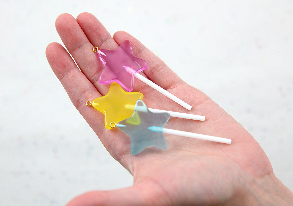 Lollipop Charm - 75mm Bright Star Shaped Fake Lollipop Kawaii Fairy Magic Wand Candy Resin Charms - Mixed Colors - 4 pc set