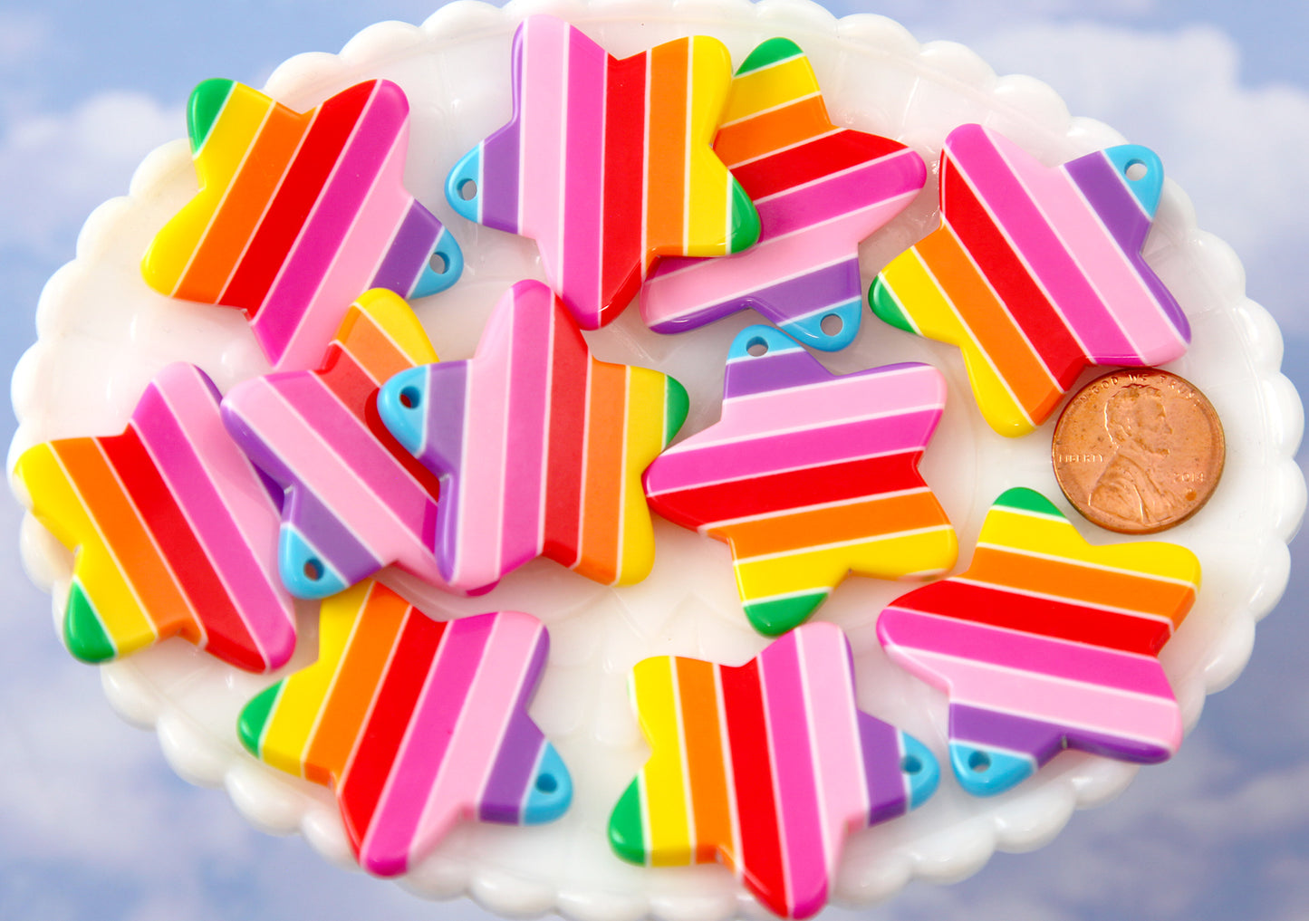 Rainbow Star - 35mm Rainbow Stripe Star Resin Charms or Pendants - 6 pc set