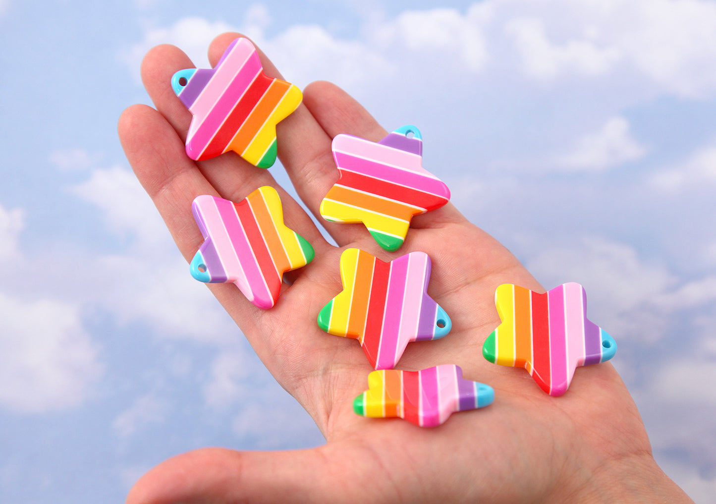 Rainbow Star - 35mm Rainbow Stripe Star Resin Charms or Pendants - 6 pc set
