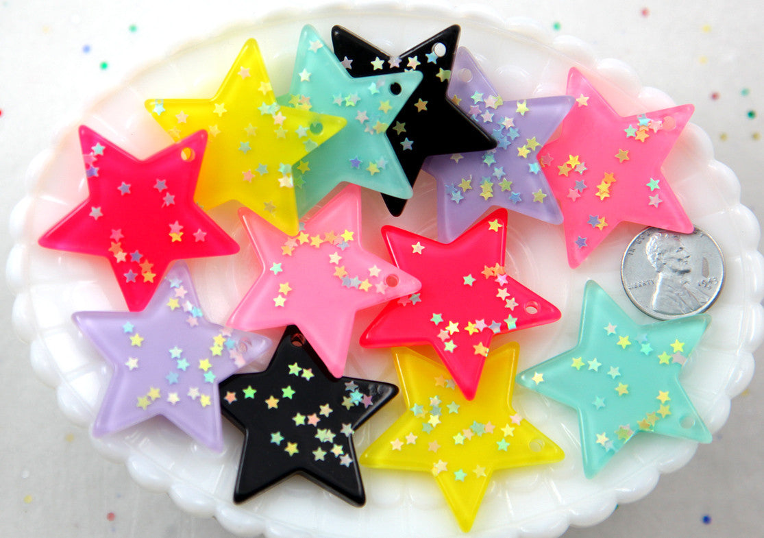 Star Charms - 36mm Pastel Stars Stardust Resin Cabochons Charms or Pendants - 6 pc set