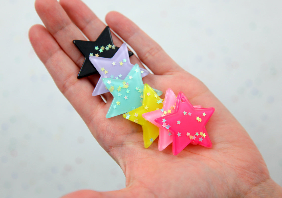 Star Charms - 36mm Pastel Stars Stardust Resin Cabochons Charms or Pendants - 6 pc set