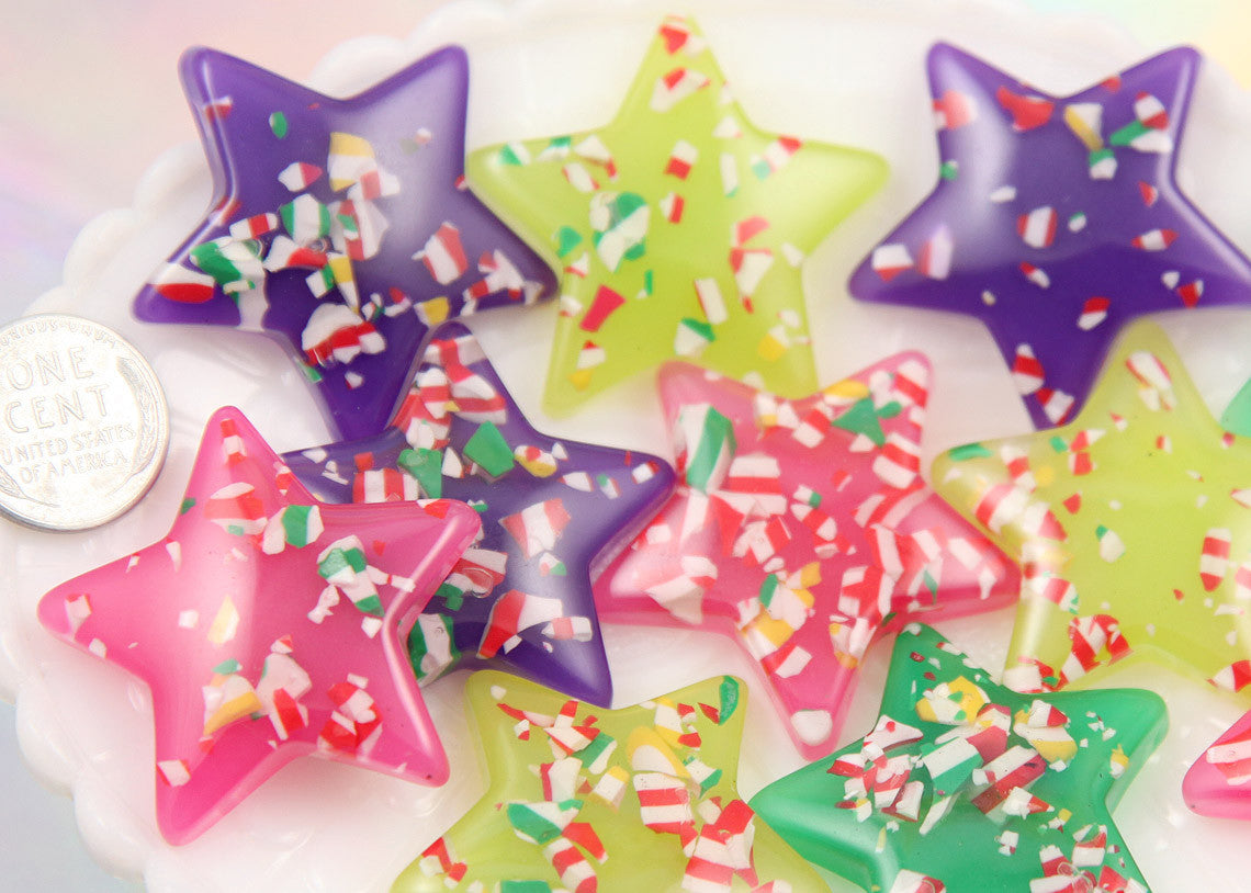 37mm Bright Color Peppermint Candy Confetti Stars Resin Flatback Cabochons - 9 pc set