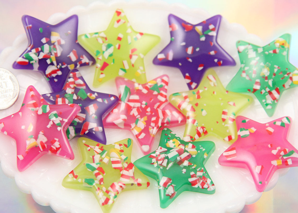 37mm Bright Color Peppermint Candy Confetti Stars Resin Flatback Cabochons - 9 pc set