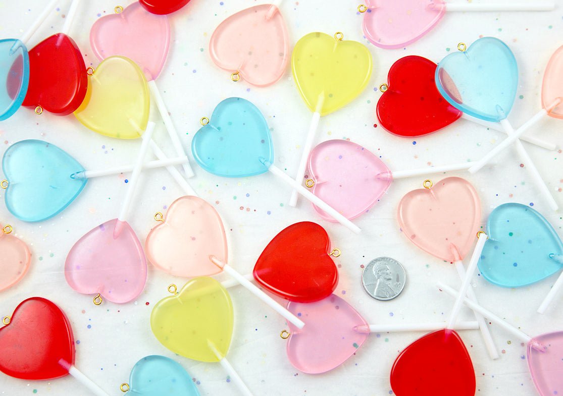 Fake Candy Charms - 83mm Big Heart Shaped Fake Lollipop Faux Candy Acrylic or Resin Charms- 5 pc set