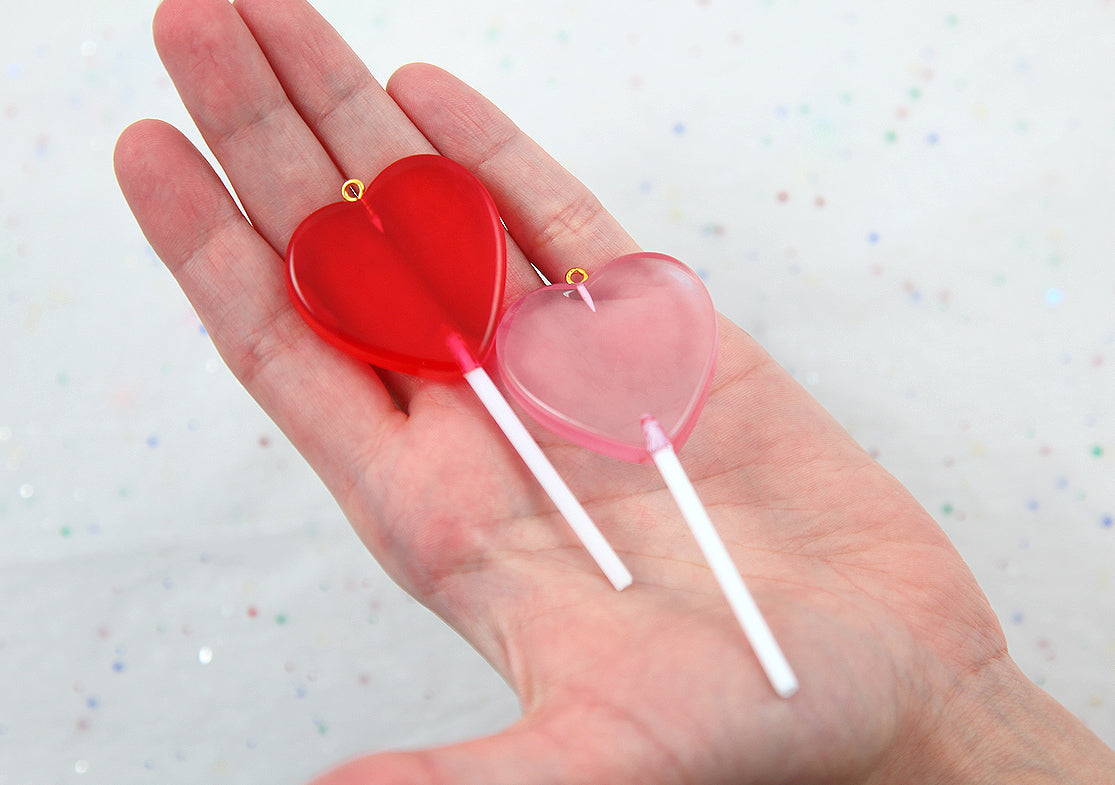 Fake Candy Charms - 83mm Big Heart Shaped Fake Lollipop Faux Candy Acrylic or Resin Charms- 6 pc set