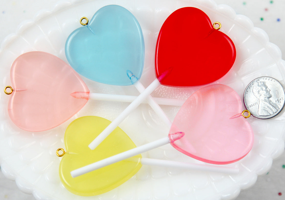 Fake Candy Charms - 83mm Big Heart Shaped Fake Lollipop Faux Candy Acrylic or Resin Charms- 5 pc set