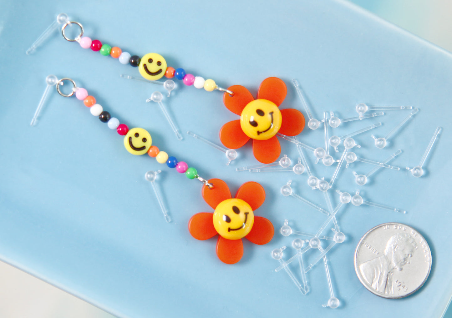 Blank Earrings - 14mm Clear Plastic Earring Posts - Allergy Free - with 5mm Glue Pads and Loop for Hanging - 12 pairs set