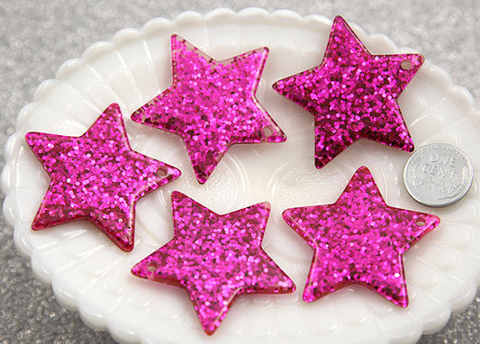 40mm Hot Pink Glitter Stars Resin Charms - 4 pc set