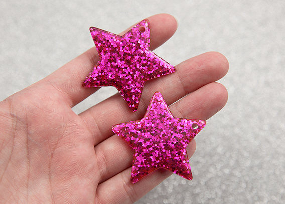 40mm Hot Pink Glitter Stars Resin Charms - 4 pc set