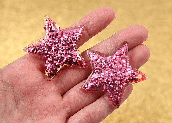 40mm Pink Glitter Stars Resin Charms - 4 pc set